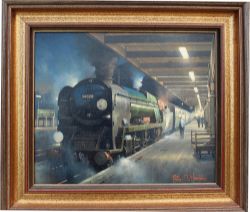 Original Oil Painting on board 'Night Call' by Philip D. Hawkins FGRA. An evocative scene of Bulleid