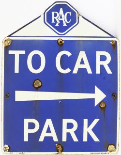 RAC enamel sign TO CAR PARK with right facing arrow. Measuring 28in x 21in. In good condition.