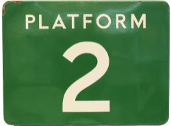 BR(S) enamel Station Platform Sign PLATFORM 2 dark green, early Southern style lettering measuring