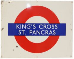 London Transport Enamel Target Sign KING'S CROSS ST PANCRAS. Measuring 28in x 22in. Slightly bent in