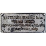 Worksplate, The English Electric Co Ltd Vulcan Works Newton -Le Willows England No 3386/D852 1963.
