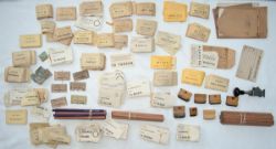 Rubber stamps, pencils, luggage labels