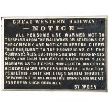 GWR cast iron pre-grouping TRESPASS sign, fully titled in the early script style. Face and rear