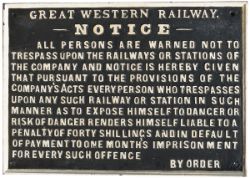 GWR cast iron pre-grouping TRESPASS sign, fully titled in the early script style. Face and rear