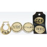 A selection of HORSEBRASSES; oval GCR, oval TMcK & Co LTD, circular MRCo, circular MID & LNN, and