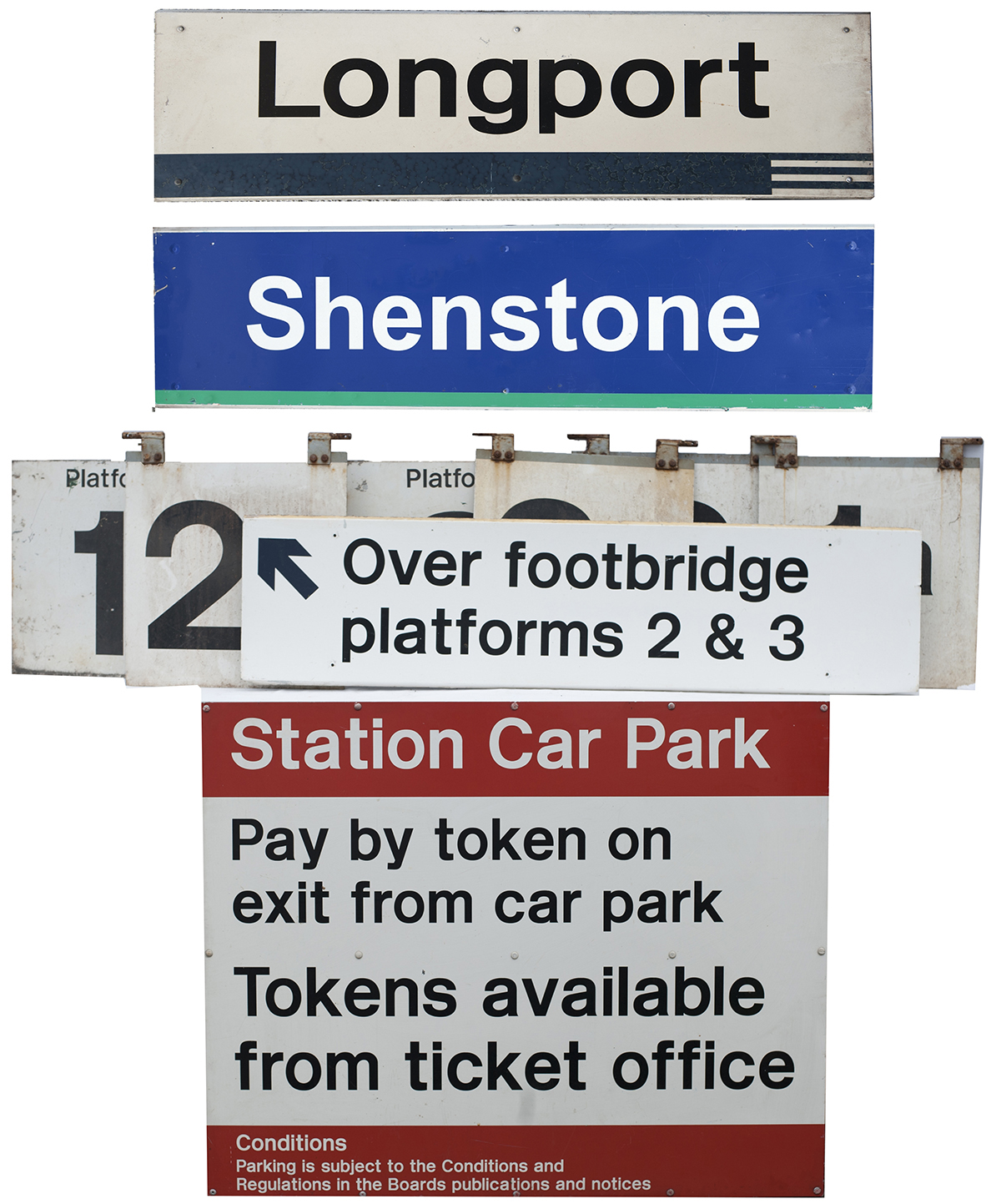 Modern image station signs to include: LONGPORT 46in x 14in, SHENSTONE 49in x 12in, 6 double sided
