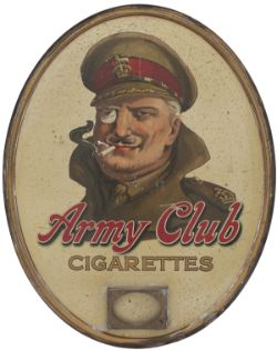Oval tinplate advertising sign ARMY CLUB CIGARETTES. Measures 18in x 14in and is in good condition.
