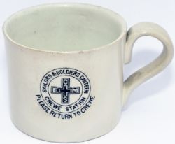 LNER First World War CHINA MUG, transfer printed to side SAILORS & SOLDIERS CANTEEN CREWE STATION