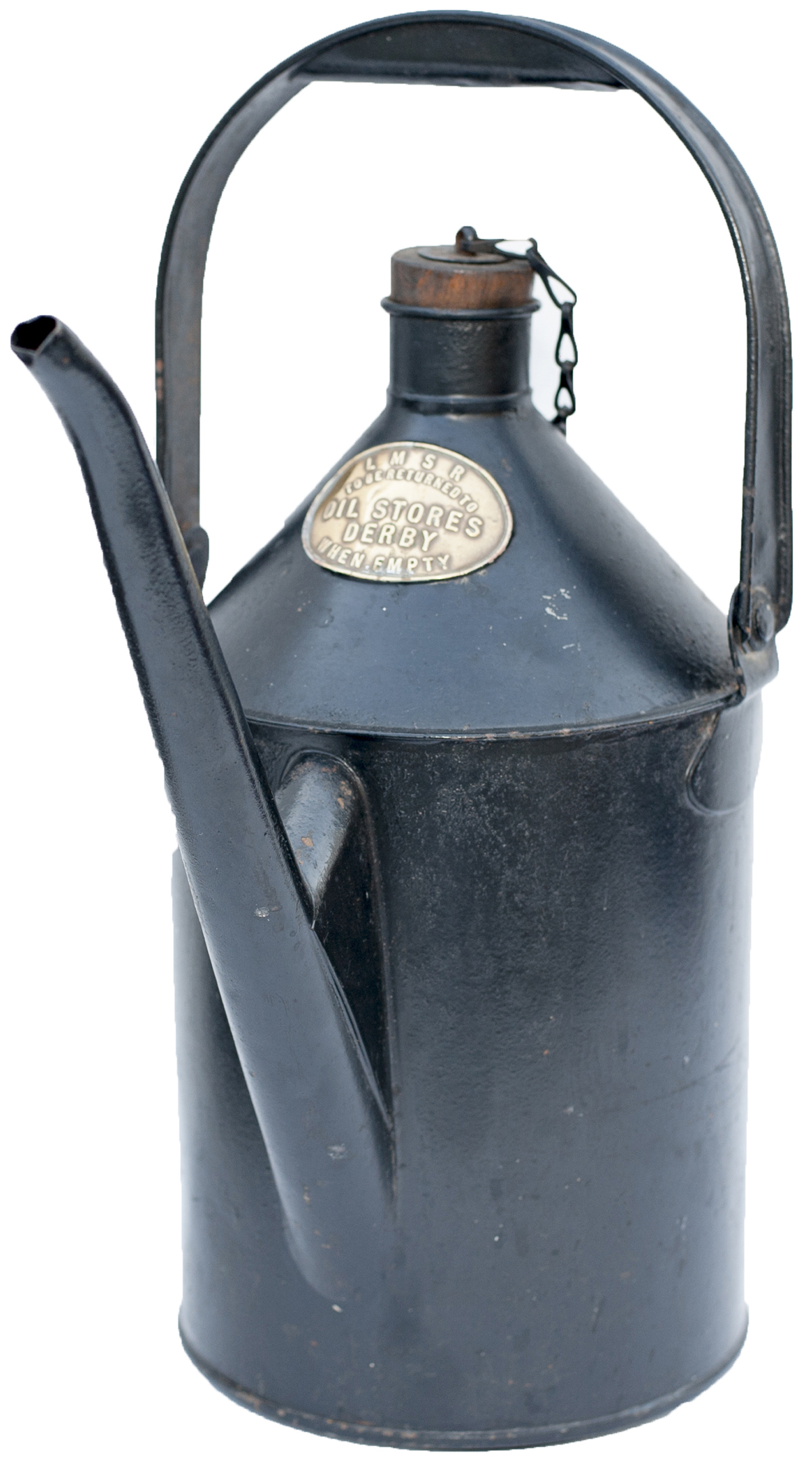 LMS oil can with carrying handle and long pouring spout. Brass plated LMSR TO BE RETURNED TO OIL