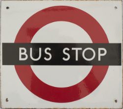 London Transport enamel BUS STOP sign measuring 16in x 14in. In excellent condition.