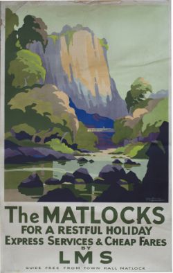 Poster LMS THE MATLOCKS FOR A RESTFUL HOLIDAY by Geo Ayling. Double Royal 25in x 40in. Printed by