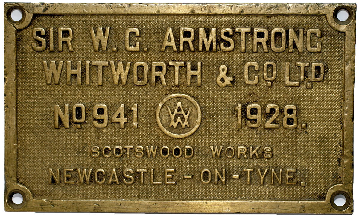 Worksplate Sir W.G.ARMSTRONG WHITWORTH & CO LTD NO 941 1928. Cast brass ex GWR Collett 0-6-0T