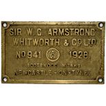 Worksplate Sir W.G.ARMSTRONG WHITWORTH & CO LTD NO 941 1928. Cast brass ex GWR Collett 0-6-0T