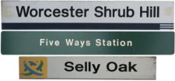 Modern image station signs x3 to include: WORCESTER SHRUB HILL 83in x 14in, SELLY OAK STATION with