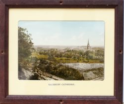 GWR Carriage Panel SALISBURY CATHEDRAL. Dating around 1895, A pre-war Photochrom colour-tinted