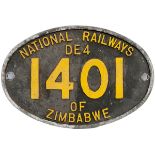 Cabside numberplate NATIONAL RAILWAYS OF ZIMBABWE DE4 1401, ex Co-Co diesel built by Brush Traction.