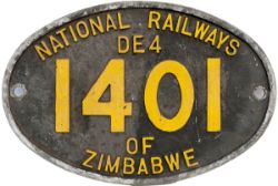 Cabside numberplate NATIONAL RAILWAYS OF ZIMBABWE DE4 1401, ex Co-Co diesel built by Brush Traction.