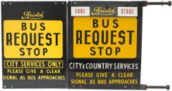 A pair of Bristol BUS REQUEST STOP signs: one CITY SERVICE ONLY and the other CITY & COUNTRY