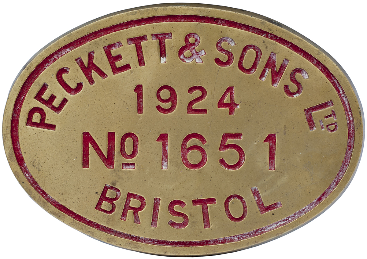 Worksplate oval brass PECKETT & SONS LTD BRISTOL NO 1651 OF 1924. Ex standard gauge 0-4-0ST