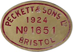 Worksplate oval brass PECKETT & SONS LTD BRISTOL NO 1651 OF 1924. Ex standard gauge 0-4-0ST