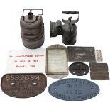 A selection of items to include: LMS carbide lamp, BR signal interior lamp, locomotive cast iron