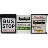 A selection of 3 bus signs from the Bristol area: enamel double sided BUS STOP with separate fare