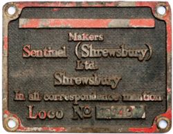 Worksplate rectangular brass SENTINEL SHREWSBURY LOCO No 10148. From 0-6-0 diesel hydraulic