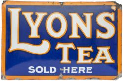 Enamel advertising sign LYONS TEA SOLD HERE. Cushion shaped and measures 30in x 19in. In good