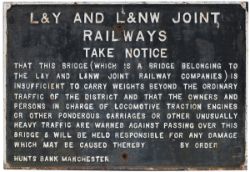 L&Y and LNW Joint cast iron BRIDGE NOTICE, measures 24in x 17in and is in original condition.