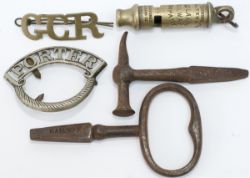 Badge, whistle and carriage key collection consisting of: GCR nickel cap badge, Pre grouping