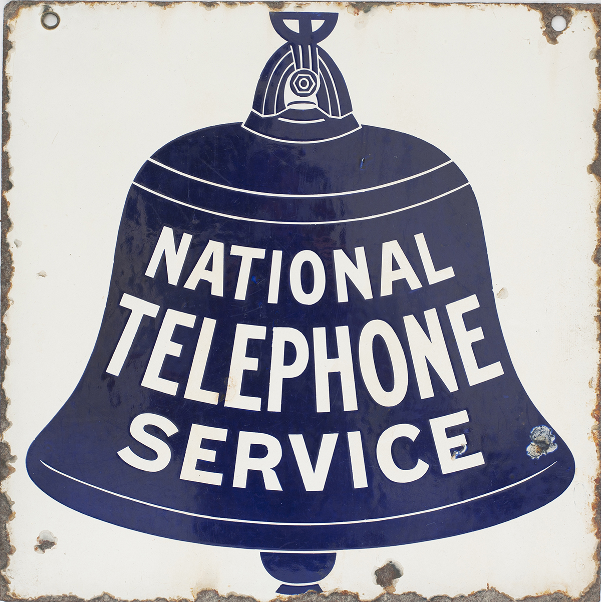 Enamel sign NATIONAL TELEPHONE SERVICE, double sided measuring 19in x 19in. In good condition with