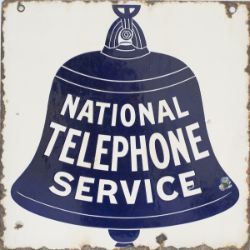 Enamel sign NATIONAL TELEPHONE SERVICE, double sided measuring 19in x 19in. In good condition with