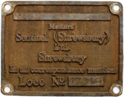 Worksplate rectangular brass SENTINEL SHREWSBURY LOCO No 10019. From 4-wheel chain drive