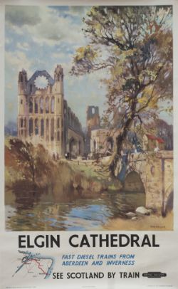 Poster BR ELGIN CATHEDRAL by Jack Merriott. Double Royal 25in x 40in, a view of the ruined cathedral