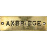 GWR brass Signal Box Shelfplate AXBRIDGE, hand engraved with original wax filling. Measures 4.75in x