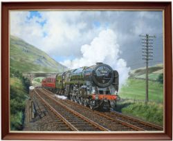 Original oil painting on canvas by MALCOLM ROOT dated 1989 of BR Britannia 4-6-2 No 70054 Dornoch