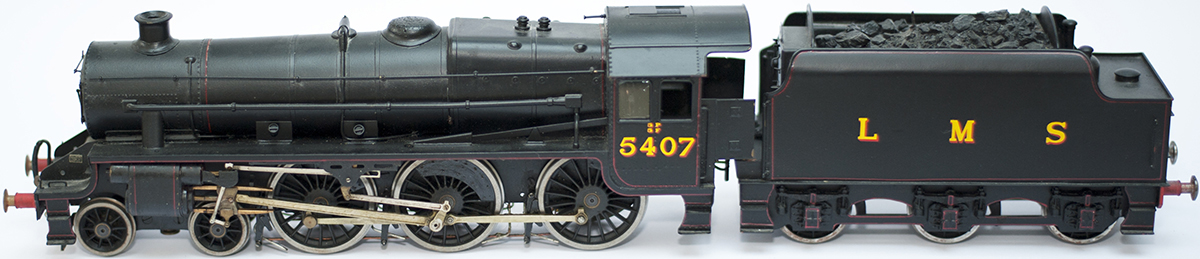O gauge model steam locomotive LMS Stanier Black 5 4-6-0 5407 in LMS black livery, built and painted