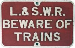 London and South Western Railway cast iron BEWARE OF TRAINS notice measuring 26in x 16in.