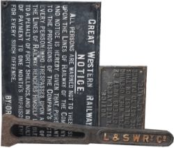 A trio of cast iron signs to include: GWR post grouping TRESPASS in original condition, GWR untitled