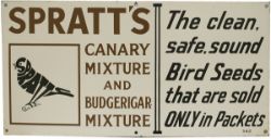 Advertising enamel sign SPRATTS CANARY MIXTURE AND BUDGERIGAR MIXTURE THE CLEAN, SAFE, SOUND BIRD