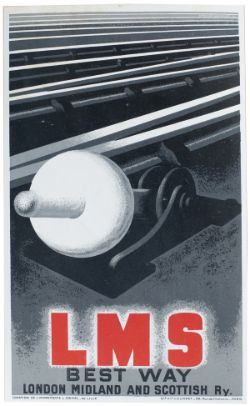 Poster LMS BEST WAY LONDON MIDLAND SCOTTISH RY by A .Mouron-Cassandre. Measures 11in x 7in, the