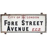 City Of London china glass FORE STREET AVENUE EC2 street sign complete with original steel frame.
