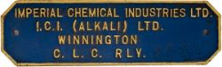 Cast iron wagon plate IMPERIAL CHEMICAL INDUSTRIES I.C.I (ALKALI) LTD WINNINGTON CLC RLY. Measures