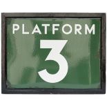 Southern Railway double sided enamel sign PLATFORM 3 in original wooden frame. Measures 26in x
