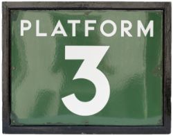 Southern Railway double sided enamel sign PLATFORM 3 in original wooden frame. Measures 26in x