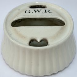 GWR china paste pot, clearly marked GWR on the top. Measures 6.5in diameter and 3.5in tall. In