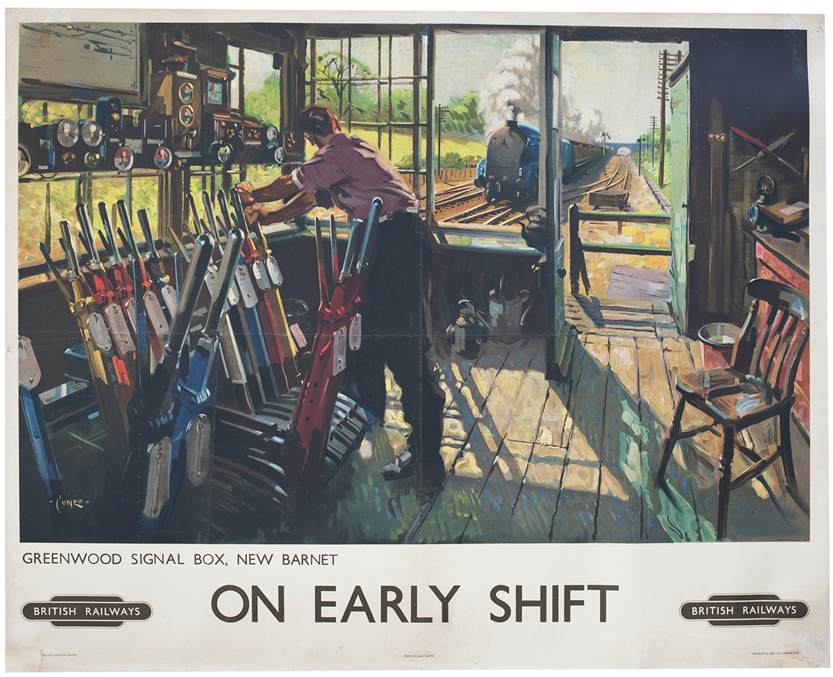 Poster BR ON EARLY SHIFT GREENWOOD SIGNAL BOX NEW BARNET by Terence Cuneo. Quad royal 40in x 50in. A