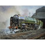 Original oil painting on canvas of BR BRITANNIA 70008 BLACK PRINCE on shed at Willesden by Joe