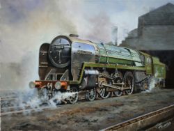 Original oil painting on canvas of BR BRITANNIA 70008 BLACK PRINCE on shed at Willesden by Joe