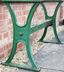 GWR cast iron work bench ends complete with original metal cross member. Both ends marked GWR S